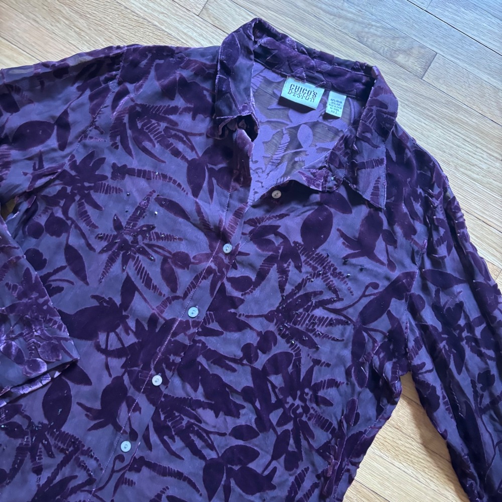 Vtg 90s Velvet Floral Burnout Silk Blend Button Down 12/14 Witchy Whimsigoth